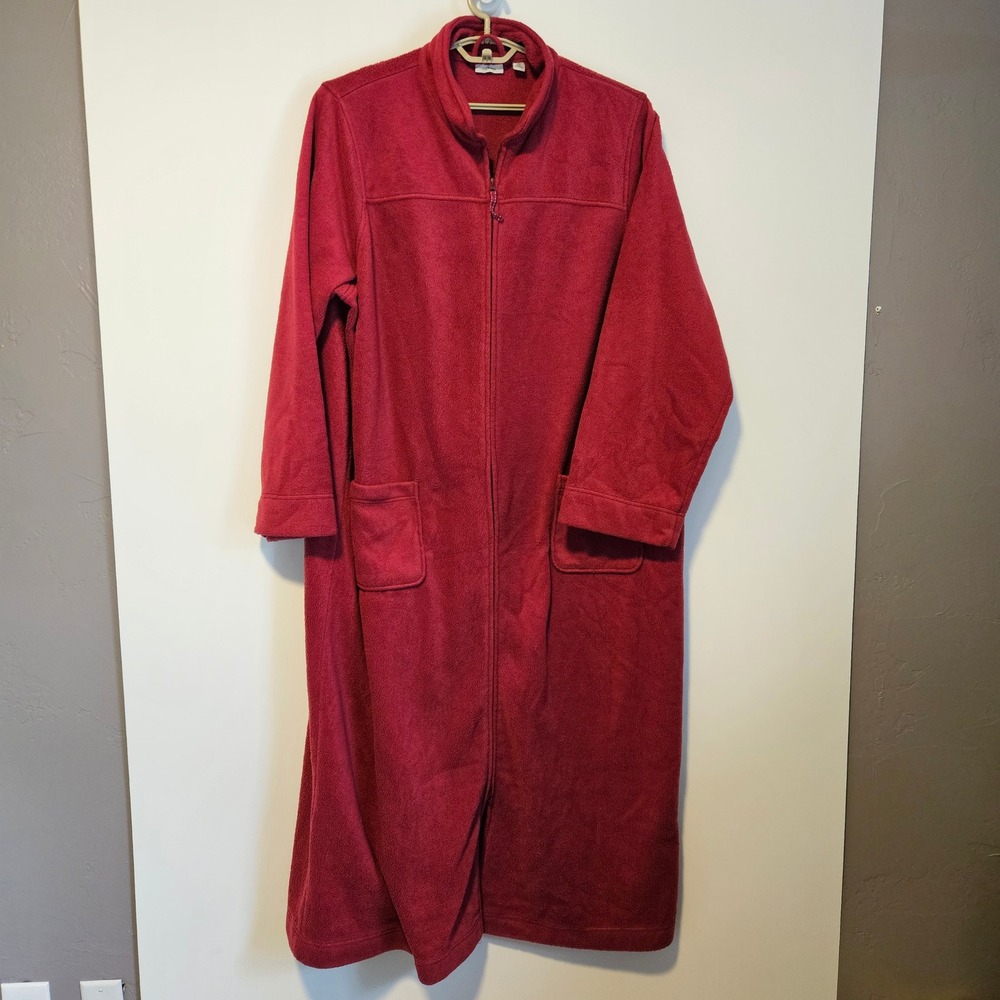 Vtg LL Bean Fleece Housecoat Women 3X Red Long Full Zip Robe Deep Pile Warm Cozy